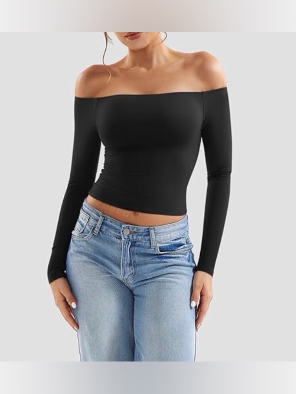 Off-Shoulder Long Sleeve Crop Top - Black